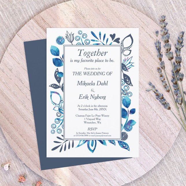 Vibrant Blue & Blue-Grey Floral Pattern Invitation (blue-gray slate blue wedding invitation template)
