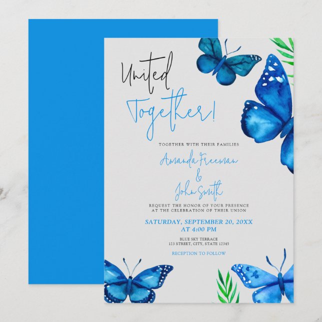 Vibrant Blue Butterflies and Plants Wedding Invitation (Front/Back)
