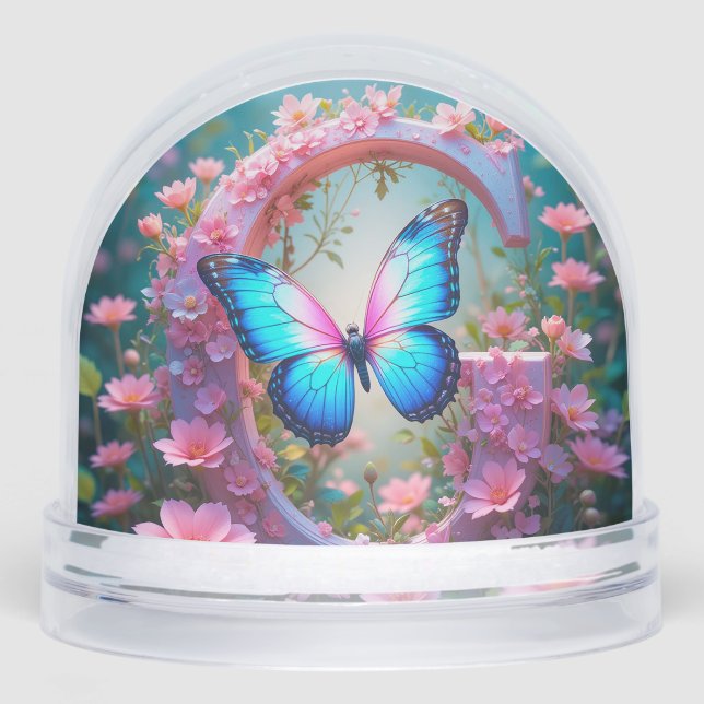 Vibrant Blue Butterfly on Floral Decorated Letter Snowglobe (Front)