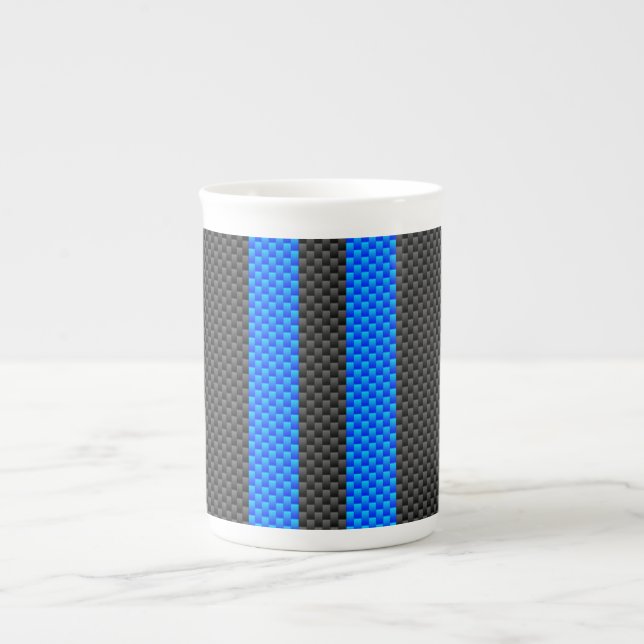 Vibrant Blue Carbon Fibre Style Racing Stripes Bone China Mug (Front)