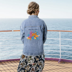Vibrant Blue Cherry Blossoms Koi Fish Lotus     Denim Jacket