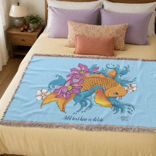 Vibrant Blue Cherry Blossoms Koi Fish Lotus Throw Blanket
