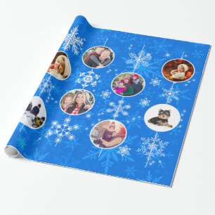 Vibrant Blue Christmas or Hanukkah Family Photos Wrapping Paper