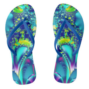 Vibrant Blue Cyan Green Fractal Flip Flops