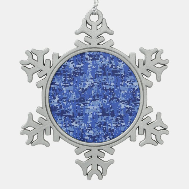 Vibrant Blue Digital Camo Camouflage Texture Snowflake Pewter Christmas Ornament (Front)