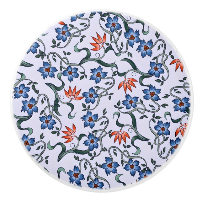  Vibrant Blue Floral Patterns with Green Vines Ceramic Knob (Front)