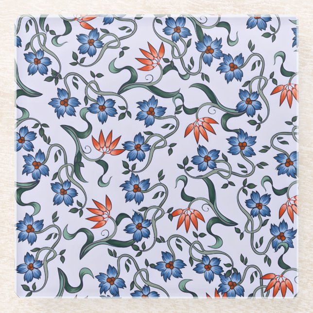  Vibrant Blue Floral Patterns with Green Vines Glass Coaster (Front)