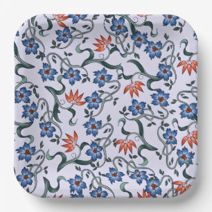 Vibrant Blue Floral Patterns with Green Vines Paper Plate
