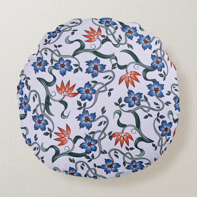 Vibrant Blue Floral Patterns with Green Vines Round Cushion (Front)
