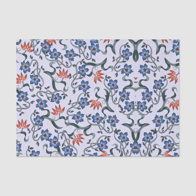  Vibrant Blue Floral Patterns with Green Vines Tissue Paper (Front)