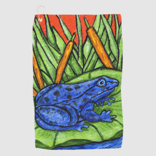 Vibrant Blue Frog Black Spots Lily Pad Reeds Golf Towel