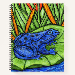 Vibrant Blue Frog on Lily Pad Water Grass Notebook