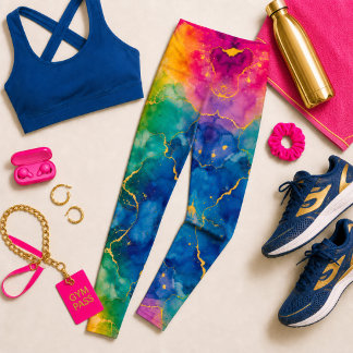 Vibrant Blue Gold Watercolor Design Leggings