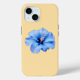 Vibrant Blue Hibiscus Tropical Flower on Yellow iPhone 15 Case