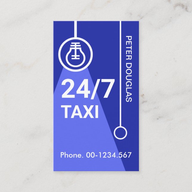 Vibrant Blue Light Bulb Beam Night Taxi Service Business Card (Front)