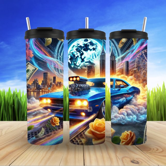 Vibrant Blue Muscle Car With City Backdrop Thermal Tumbler (Creator Uploaded)