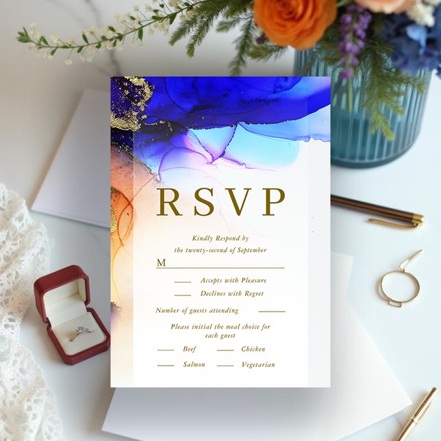 Vibrant Blue Orange Gold Wedding RSVP Card (Vibrant Blue Orange Gold Wedding RSVP Card.)