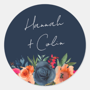 Vibrant Blue Orange Red Botanical Classic Round Sticker