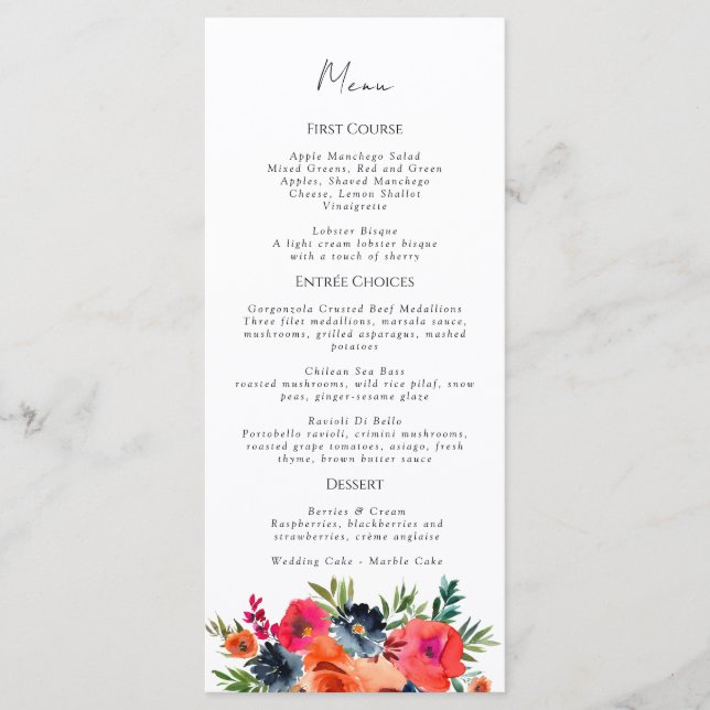 Vibrant Blue Orange Red Botanical Menu (Front)