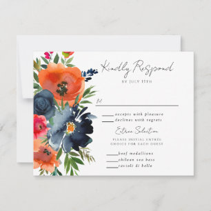 Vibrant Blue Orange Red Botanical RSVP Card