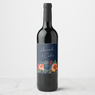 Vibrant Blue Orange Red Botanical Wine Label