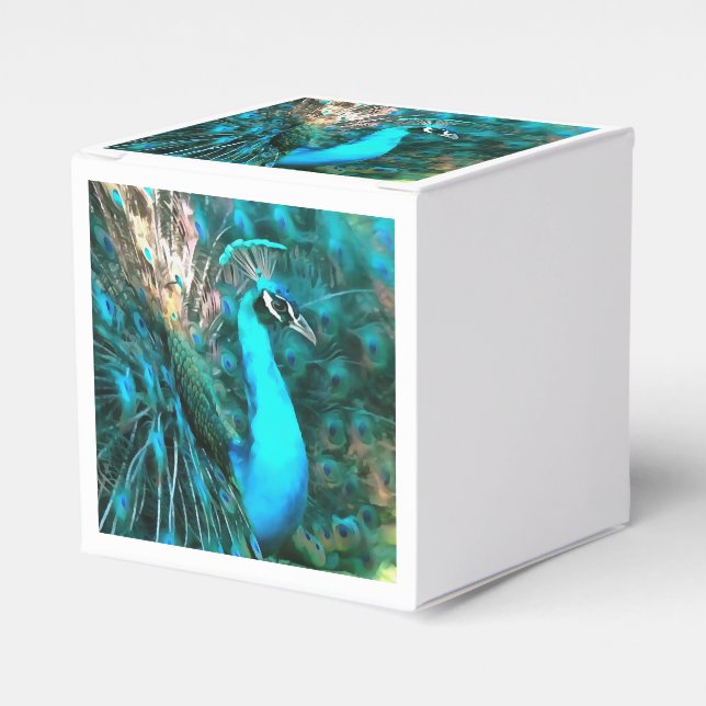Vibrant Blue Peacock In With Fanned Tail Favour Box (Front Side)
