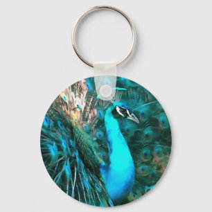 Vibrant Blue Peacock In With Fanned Tail Key Ring