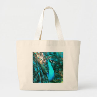Vibrant Blue Peacock In With Fanned Tail Large Tote Bag