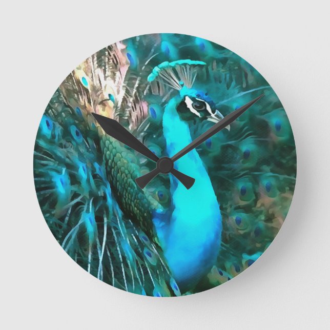 Vibrant Blue Peacock In With Fanned Tail Round Clock (Front)