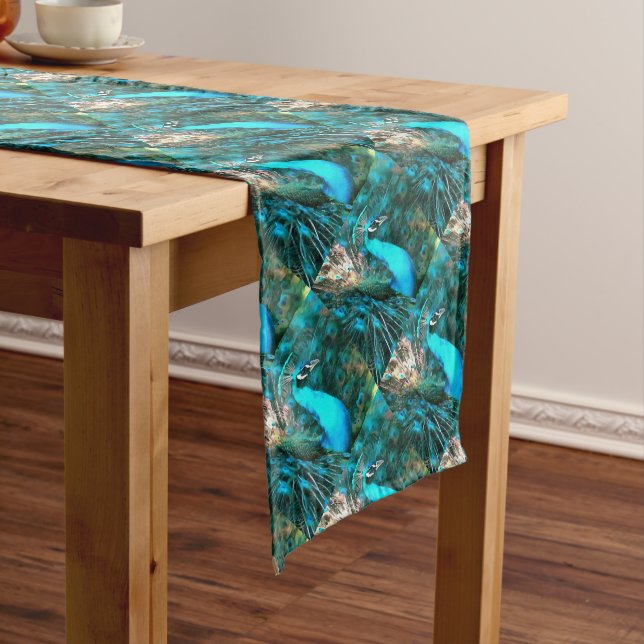 Vibrant Blue Peacock In With Fanned Tail Short Table Runner (In Situ)
