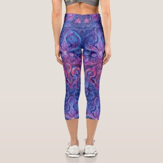 Vibrant Blue Pink & Purple Mandala Paisley Yoga Capri Leggings