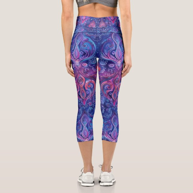 Vibrant Blue Pink & Purple Mandala Paisley Yoga Capri Leggings (Back)