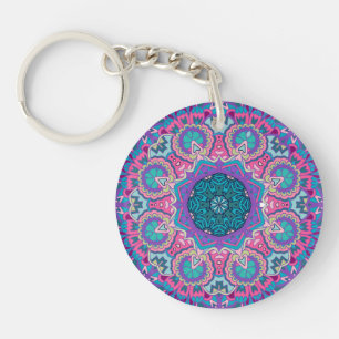 Vibrant Blue Pink Teal Purple Floral Mandala Key Ring