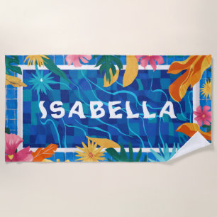 Vibrant Blue Pool & Flowers Customisable Beach Towel