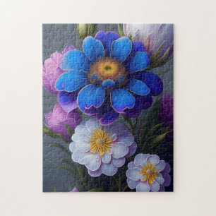 Vibrant Blue, Purple Fantasy Garden Flowers  Jigsaw Puzzle