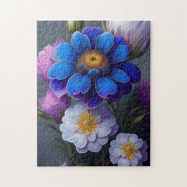 Vibrant Blue, Purple Fantasy Garden Flowers  Jigsaw Puzzle (Vertical)