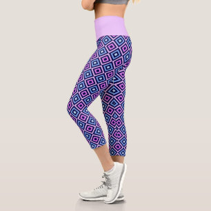 Vibrant Blue Purple Lilac Diamond Pattern Sports Capri Leggings