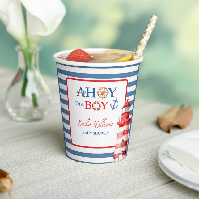 Vibrant Blue Red Coastal Lighthouse Baby Shower Paper Cups (Insitu)