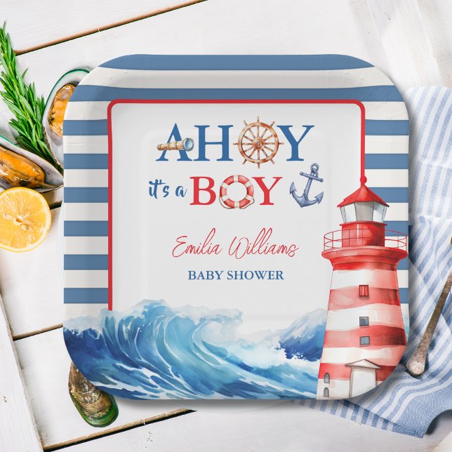Vibrant Blue Red Coastal Lighthouse Baby Shower Paper Plate (Creator Uploaded)