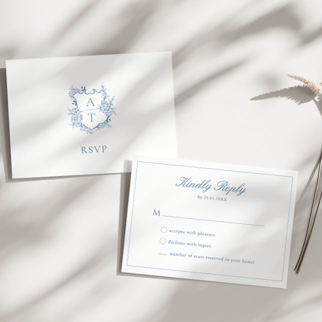 Vibrant Blue Script Crest Monogram RSVP Card (Creator Uploaded)