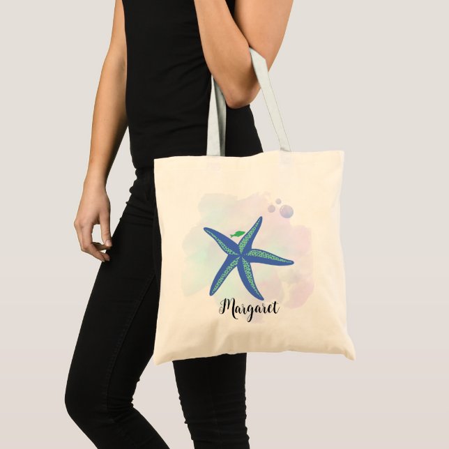 Vibrant Blue Star Fish Personalised name  Tote Bag (Front (Product))