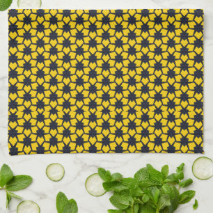Vibrant Blue Star Pattern on Yellow Background Tea Towel