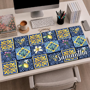 Vibrant Blue Teal Sicilian Citrus Tile Pattern Desk Mat