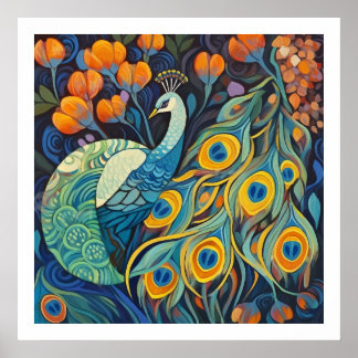 Vibrant Blue water colour Peacock Poster