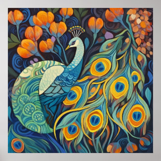 Vibrant Blue water colour Peacock Poster
