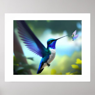 Vibrant Blue & White Hummingbird In Flight Poster