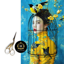 Vibrant Blue Yellow Floral Birdcage Hat Decoupage