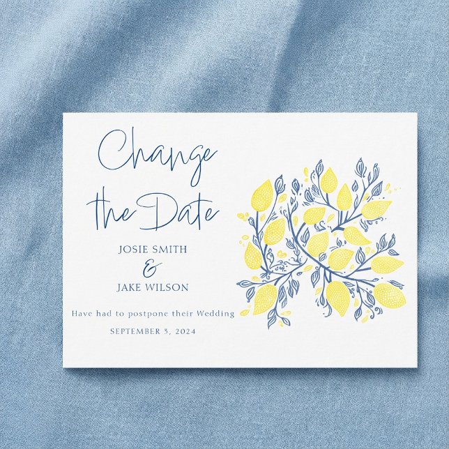 Vibrant blue  yellow Lemon vines change the date Save The Date (Vibrant blue yellow Lemon vines change the date Save The Date.)
