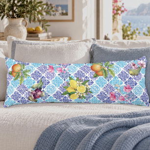 Vibrant Blue Yellow Sicilian Azulejo Lemon Floral Body Cushion