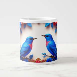 Vibrant Bluebirds Resting Among Colourful Flowers Large Coffee Mug